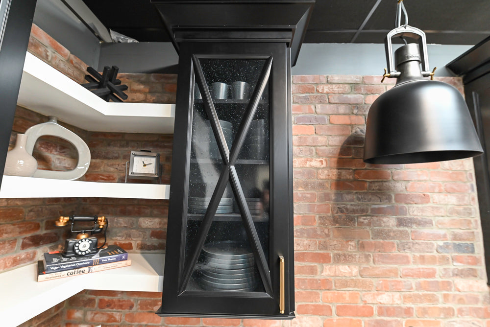Showplace Black and White Industrial Kitchen with Island and Bonus Bench Area