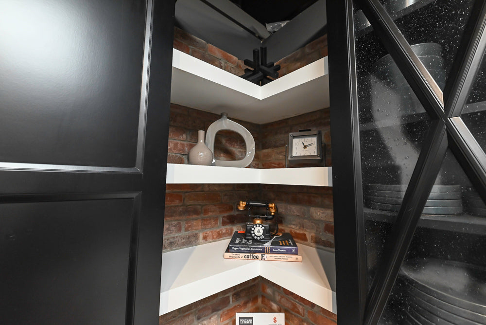 Showplace Black and White Industrial Kitchen with Island and Bonus Bench Area