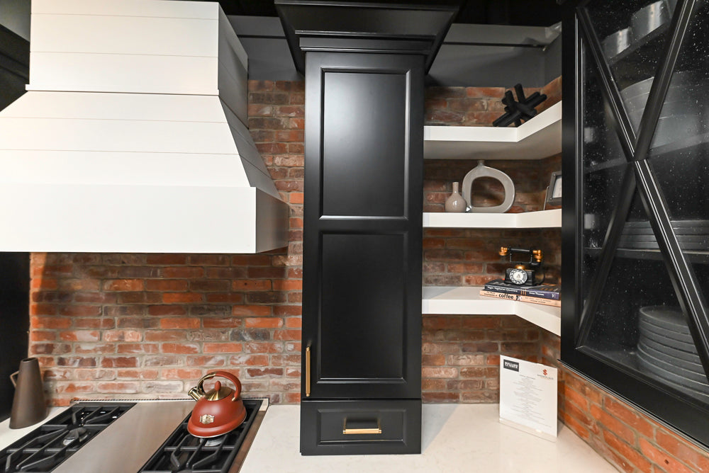 Showplace Black and White Industrial Kitchen with Island and Bonus Bench Area