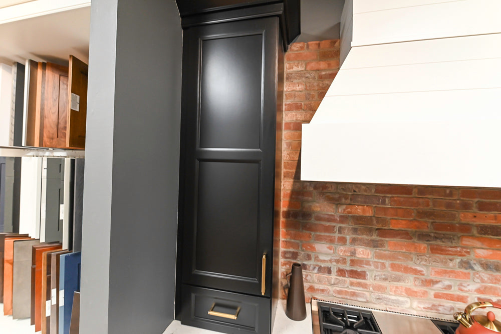 Showplace Black and White Industrial Kitchen with Island and Bonus Bench Area