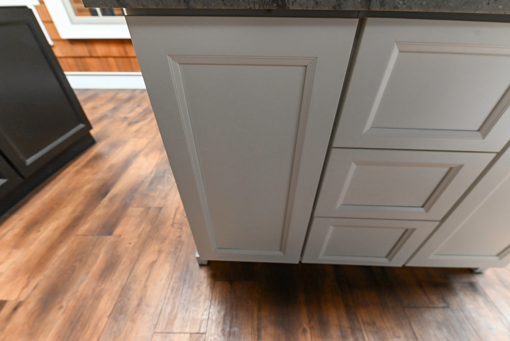 Showplace Black and White Industrial Kitchen with Island and Bonus Bench Area