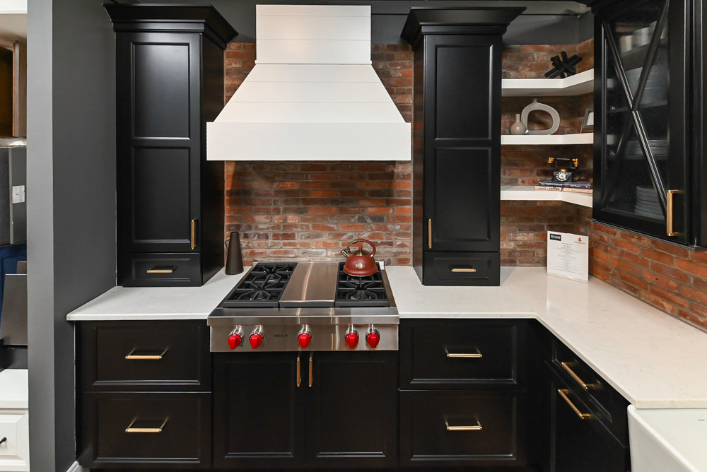Showplace Black and White Industrial Kitchen with Island and Bonus Bench Area