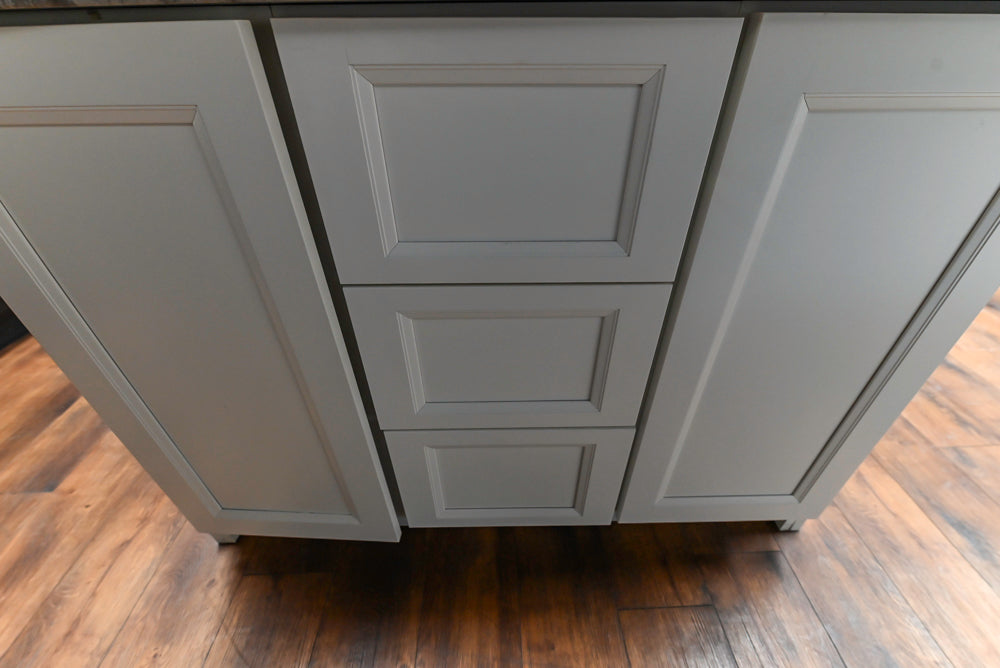 Showplace Black and White Industrial Kitchen with Island and Bonus Bench Area