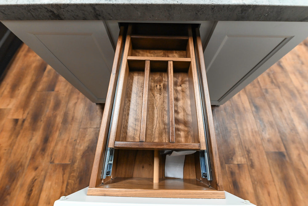 Showplace Black and White Industrial Kitchen with Island and Bonus Bench Area