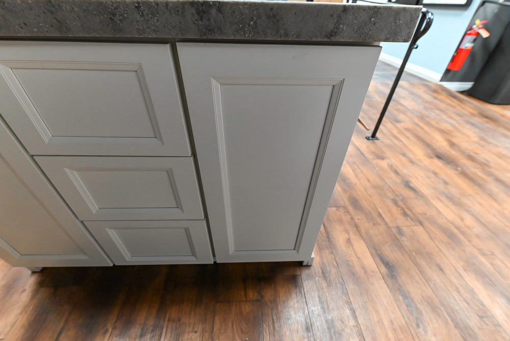 Showplace Black and White Industrial Kitchen with Island and Bonus Bench Area