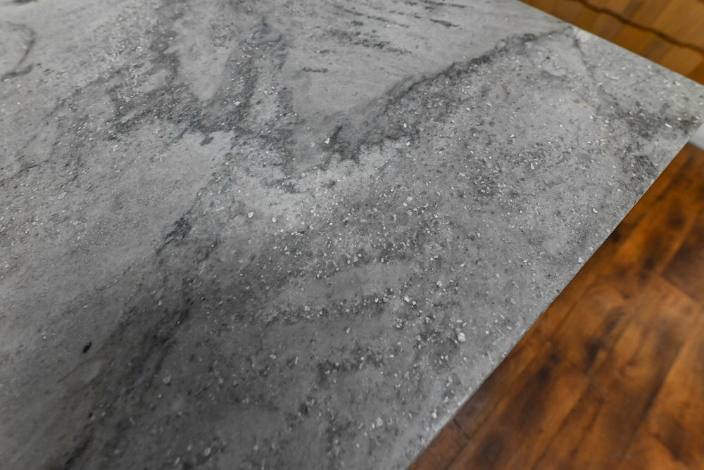 Showplace Black and White Industrial Kitchen with Island and Bonus Bench Area