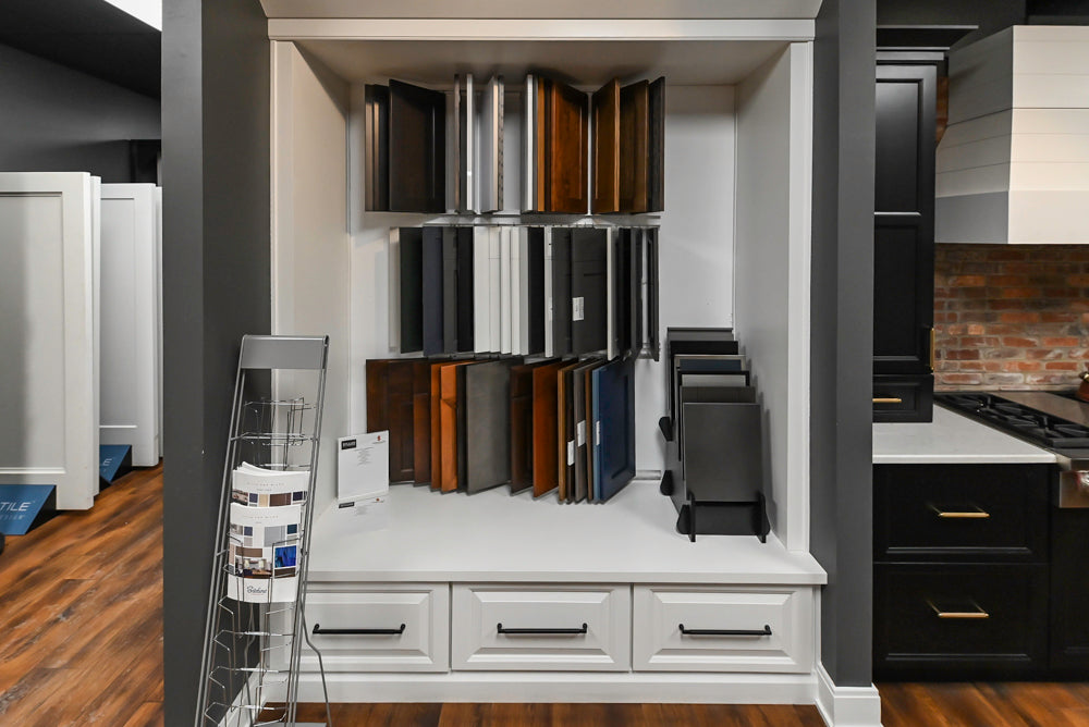 Showplace Black and White Industrial Kitchen with Island and Bonus Bench Area