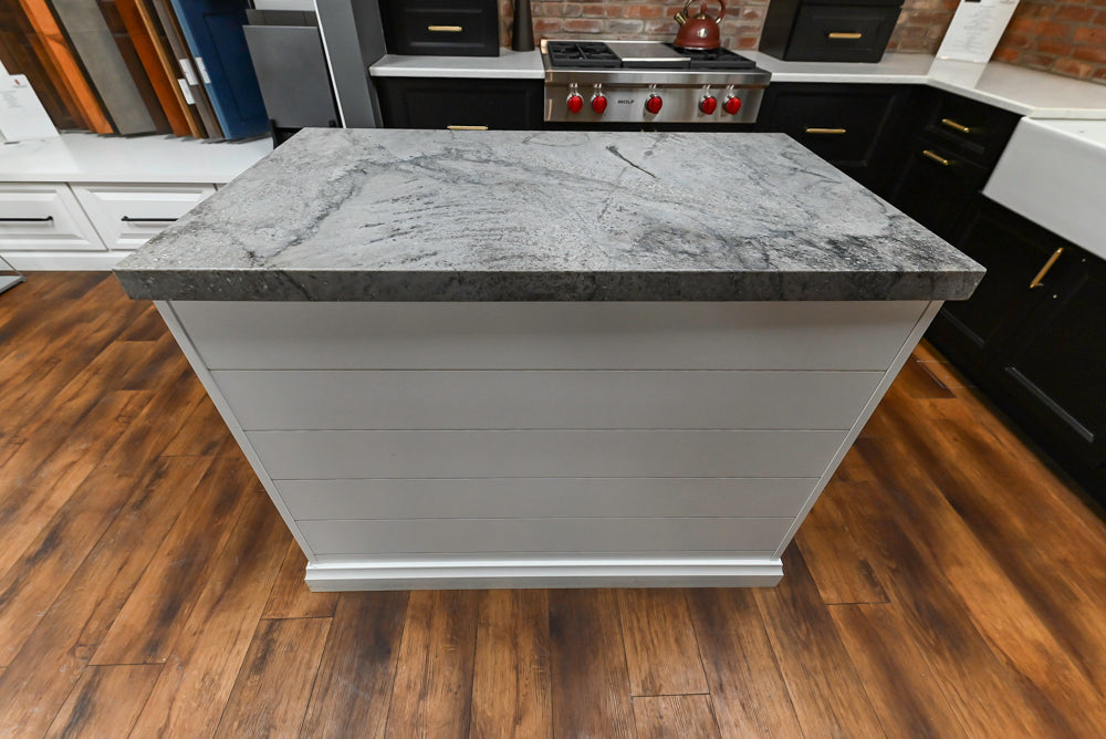Showplace Black and White Industrial Kitchen with Island and Bonus Bench Area