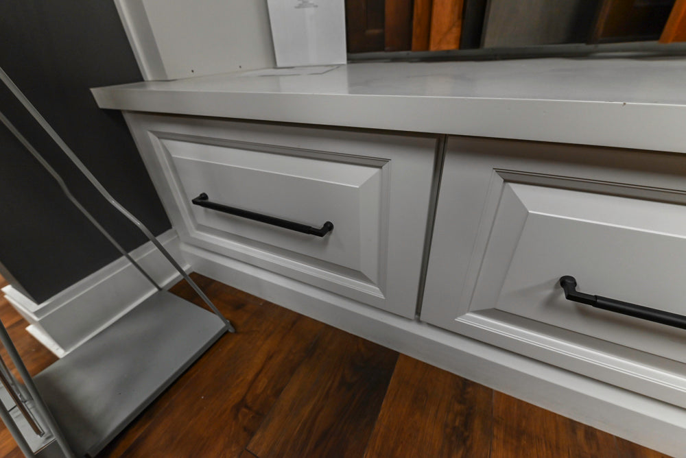 Showplace Black and White Industrial Kitchen with Island and Bonus Bench Area
