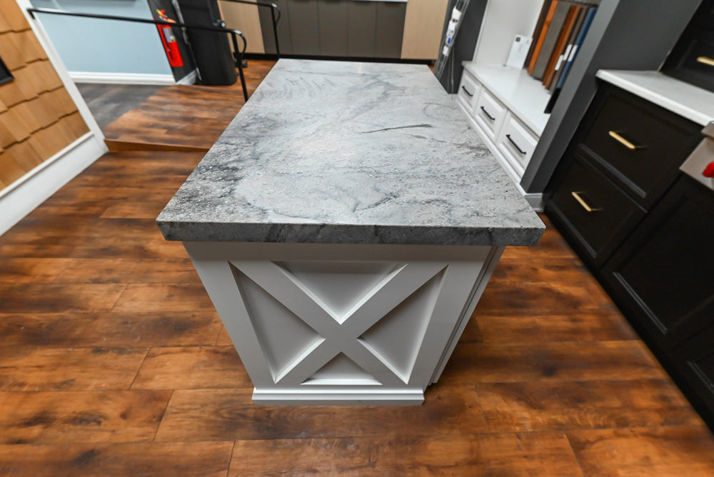 Showplace Black and White Industrial Kitchen with Island and Bonus Bench Area