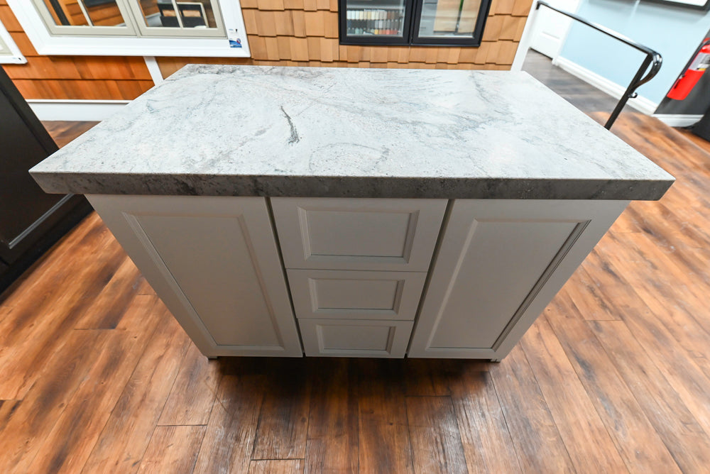 Showplace Black and White Industrial Kitchen with Island and Bonus Bench Area
