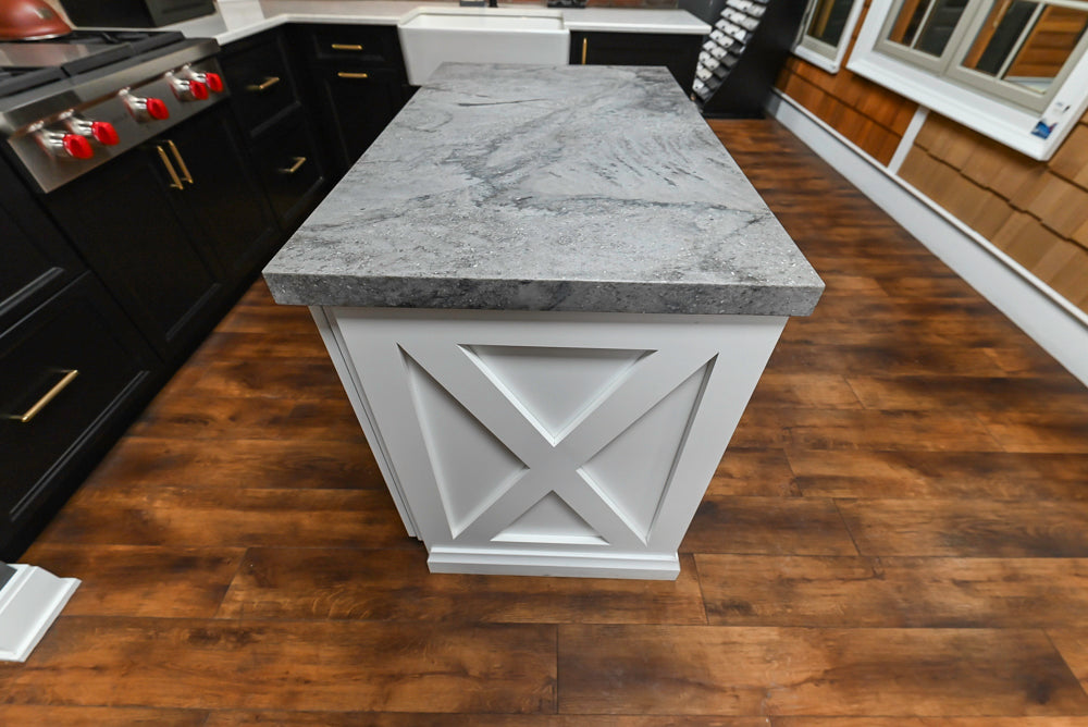 Showplace Black and White Industrial Kitchen with Island and Bonus Bench Area