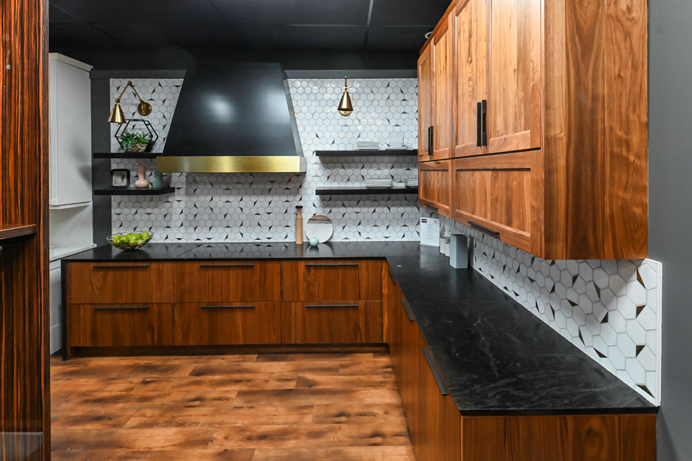 Showplace Walnut Mid-Century Modern Kitchen with Stone Countertops