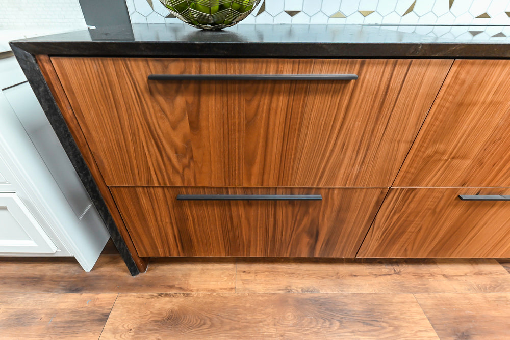 Showplace Walnut Mid-Century Modern Kitchen with Stone Countertops