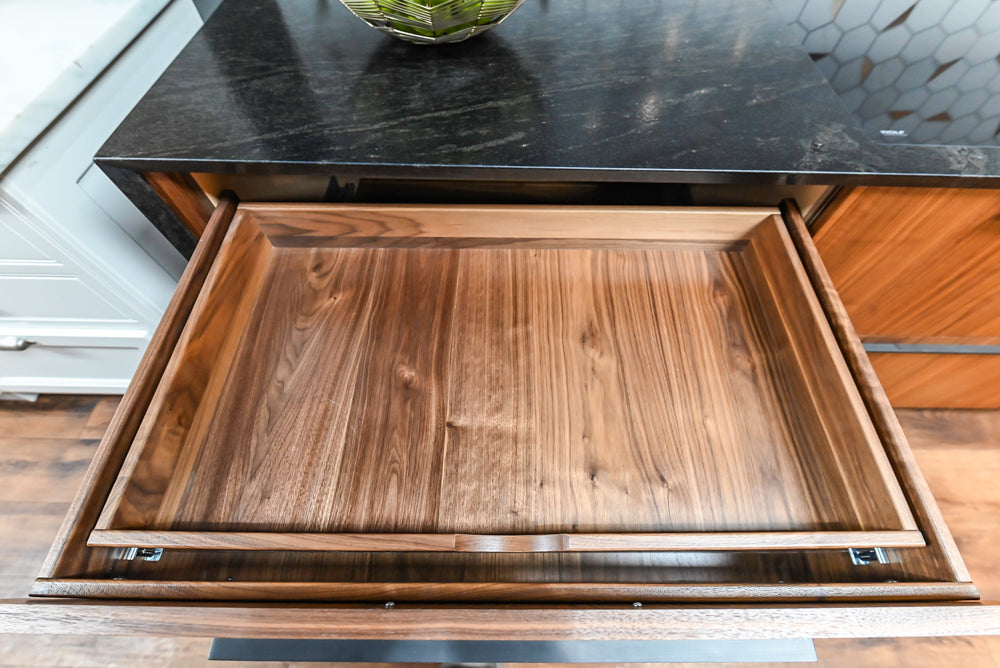 Showplace Walnut Mid-Century Modern Kitchen with Stone Countertops