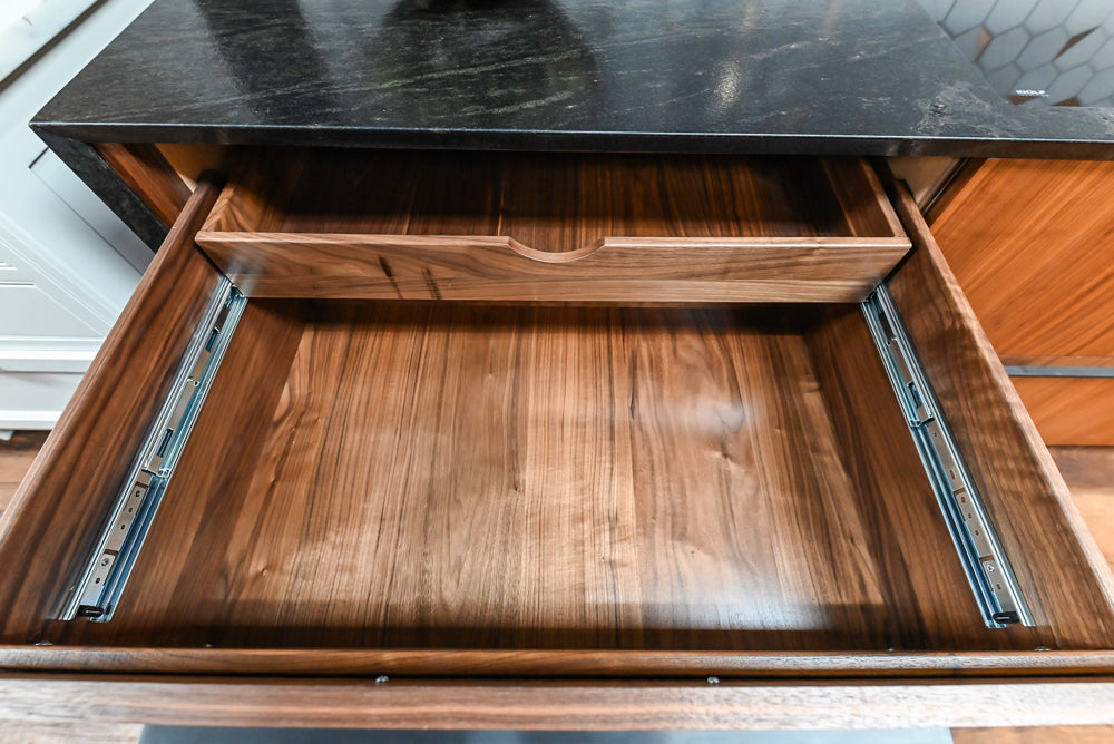 Showplace Walnut Mid-Century Modern Kitchen with Stone Countertops
