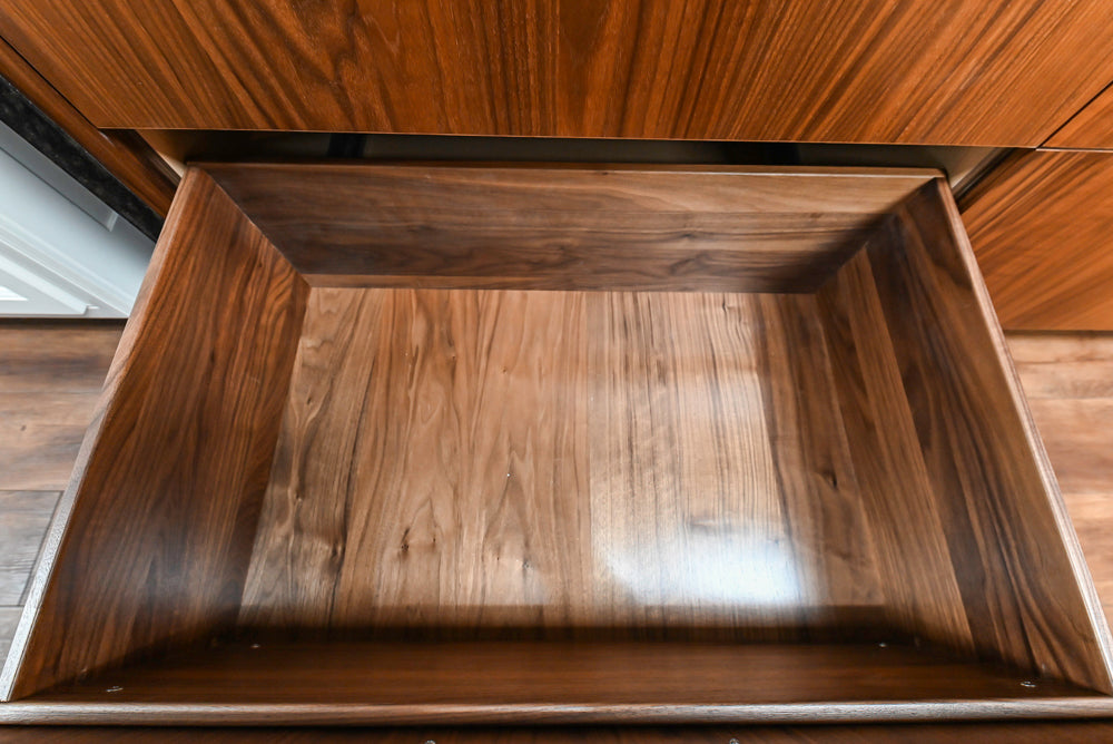 Showplace Walnut Mid-Century Modern Kitchen with Stone Countertops