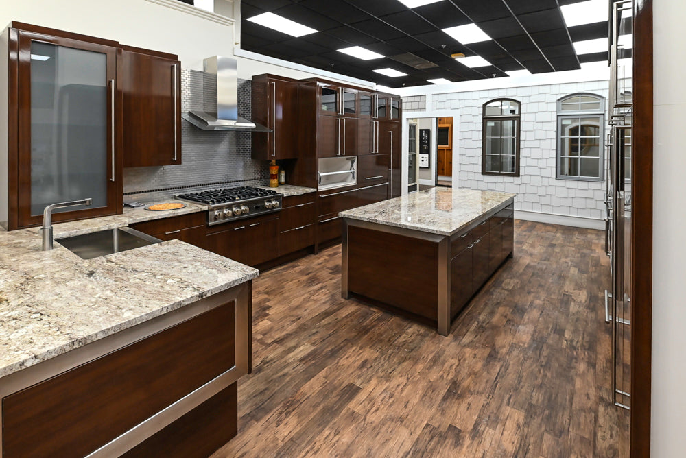 Downsview Glossy Brown Modern Kitchen with Island, Quartz Countertops and Wolf Appliances