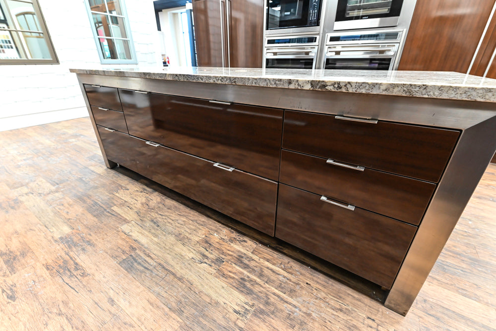 Downsview Glossy Brown Modern Kitchen with Island, Quartz Countertops and Wolf Appliances