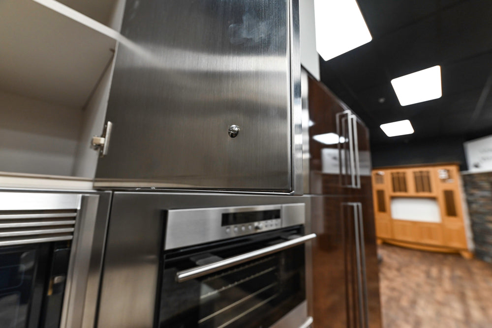 Downsview Glossy Brown Modern Kitchen with Island, Quartz Countertops and Wolf Appliances