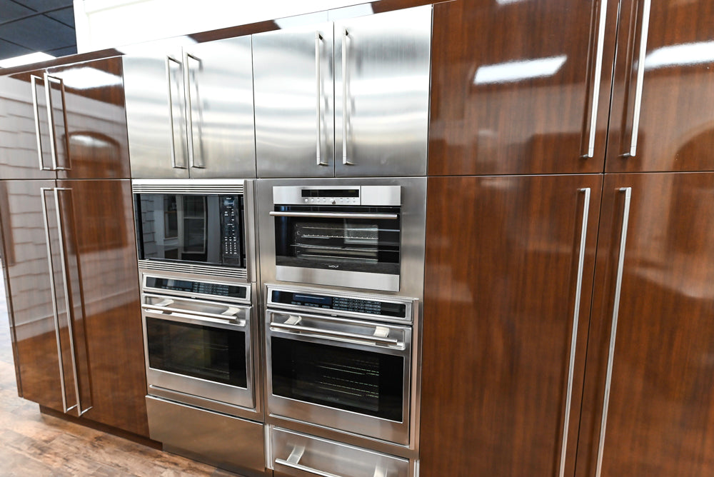 Downsview Glossy Brown Modern Kitchen with Island, Quartz Countertops and Wolf Appliances
