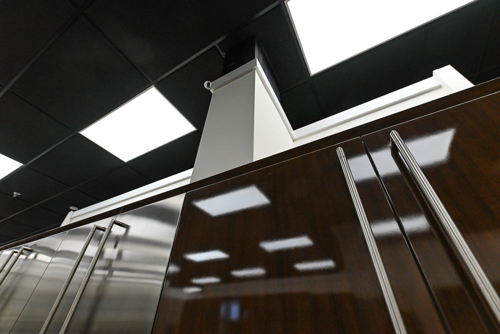 Downsview Glossy Brown Modern Kitchen with Island, Quartz Countertops and Wolf Appliances