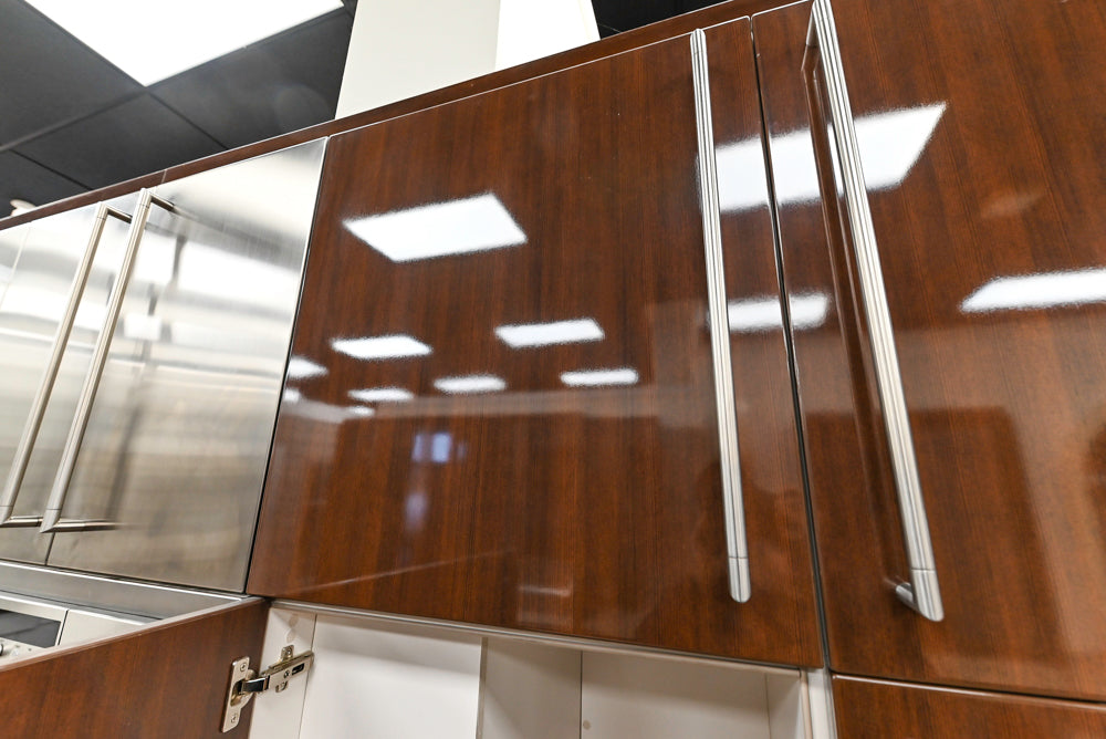 Downsview Glossy Brown Modern Kitchen with Island, Quartz Countertops and Wolf Appliances