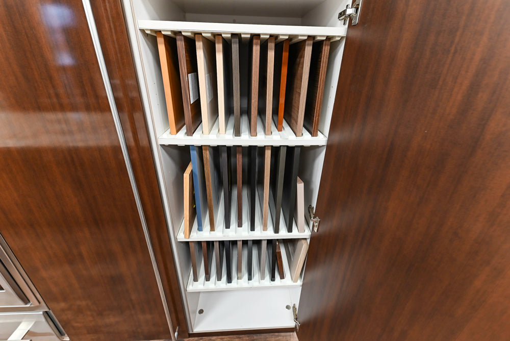 Downsview Glossy Brown Modern Kitchen with Island, Quartz Countertops and Wolf Appliances