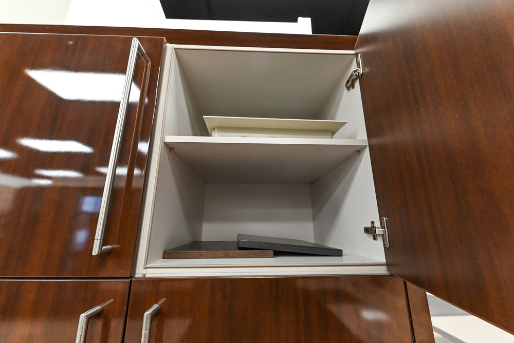 Downsview Glossy Brown Modern Kitchen with Island, Quartz Countertops and Wolf Appliances