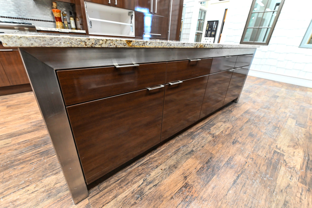 Downsview Glossy Brown Modern Kitchen with Island, Quartz Countertops and Wolf Appliances