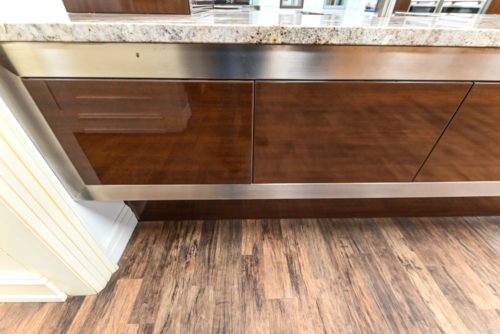 Downsview Glossy Brown Modern Kitchen with Island, Quartz Countertops and Wolf Appliances