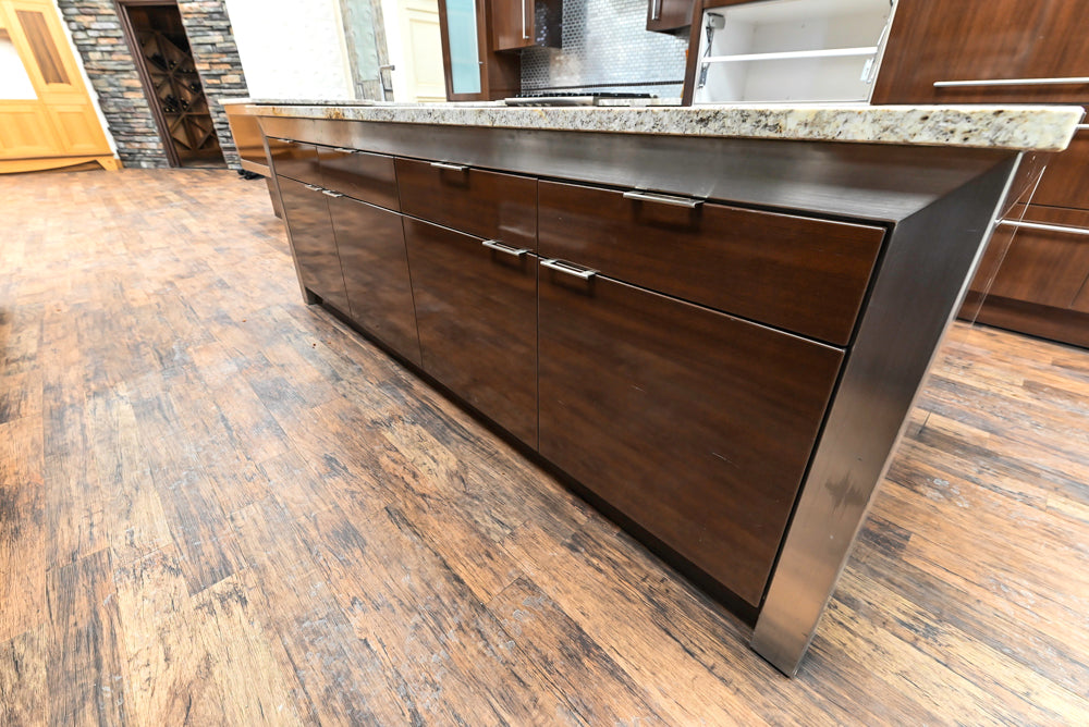Downsview Glossy Brown Modern Kitchen with Island, Quartz Countertops and Wolf Appliances