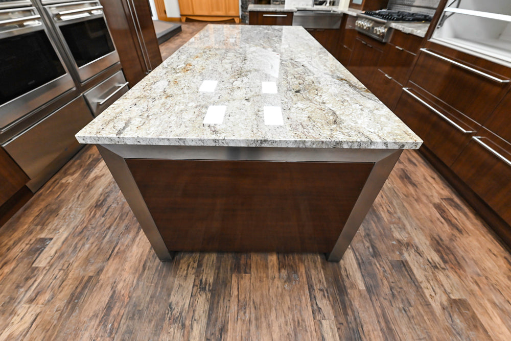 Downsview Glossy Brown Modern Kitchen with Island, Quartz Countertops and Wolf Appliances