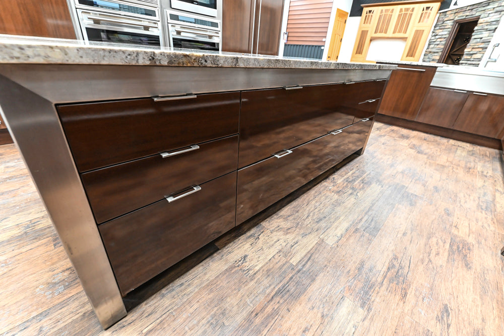 Downsview Glossy Brown Modern Kitchen with Island, Quartz Countertops and Wolf Appliances