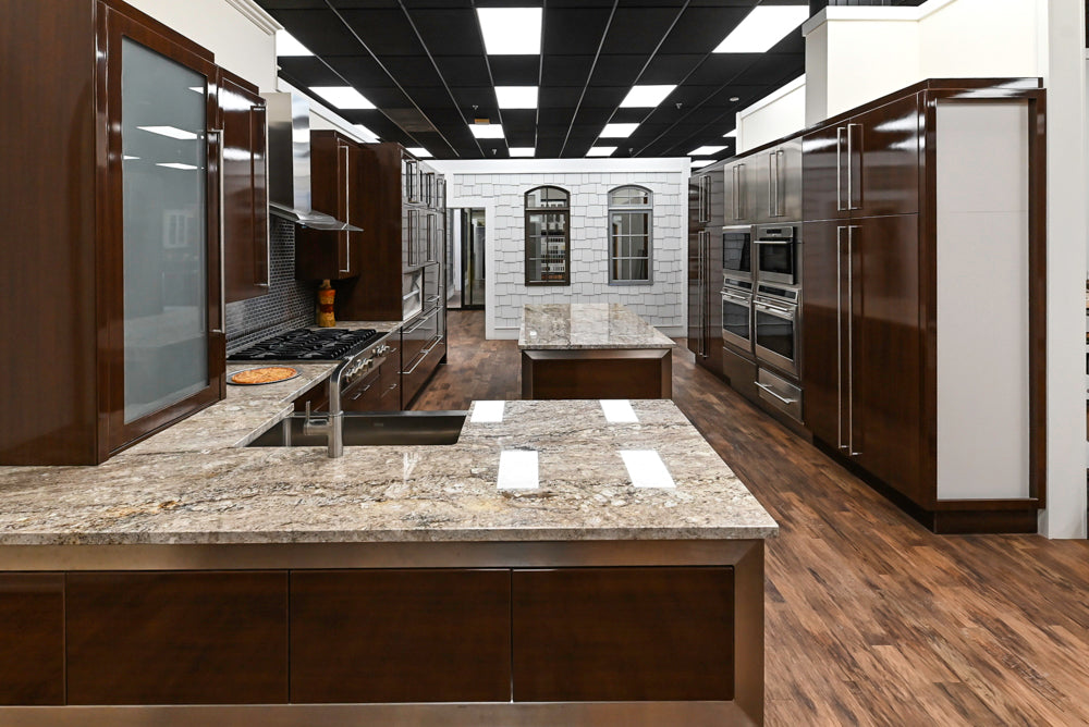 Downsview Glossy Brown Modern Kitchen with Island, Quartz Countertops and Wolf Appliances