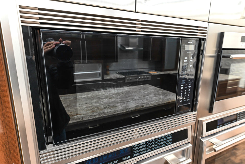 Downsview Glossy Brown Modern Kitchen with Island, Quartz Countertops and Wolf Appliances