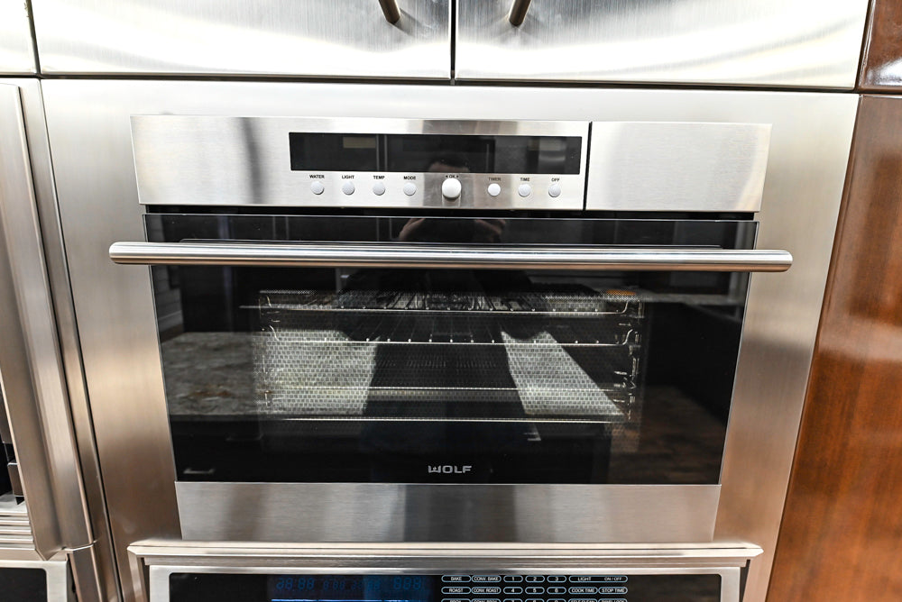 Downsview Glossy Brown Modern Kitchen with Island, Quartz Countertops and Wolf Appliances