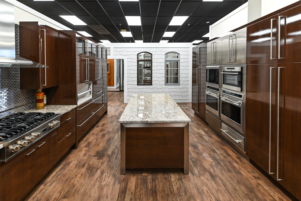 Downsview Glossy Brown Modern Kitchen with Island, Quartz Countertops and Wolf Appliances