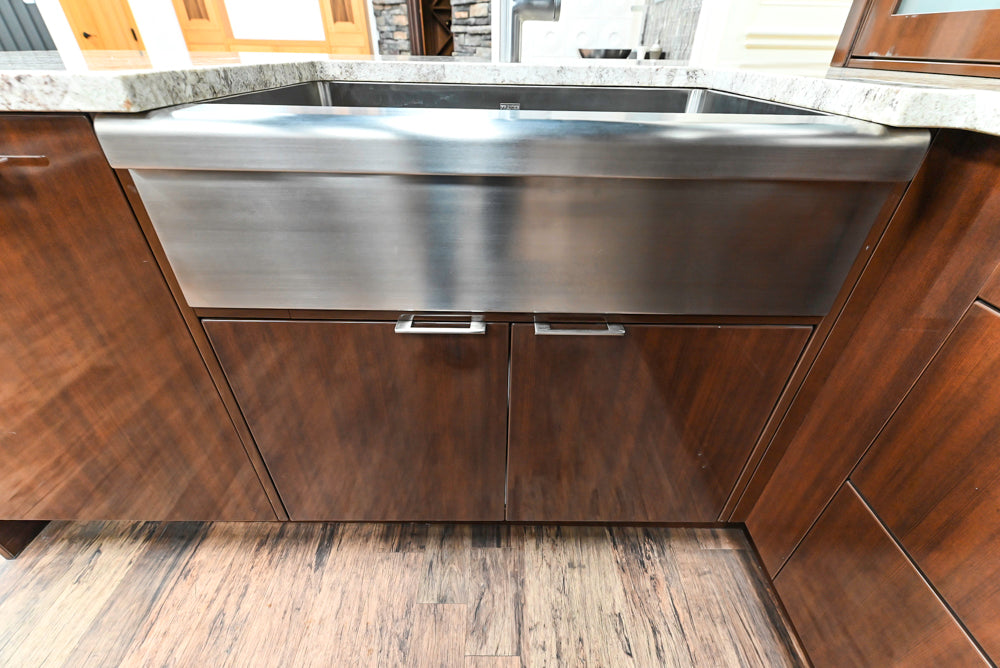 Downsview Glossy Brown Modern Kitchen with Island, Quartz Countertops and Wolf Appliances