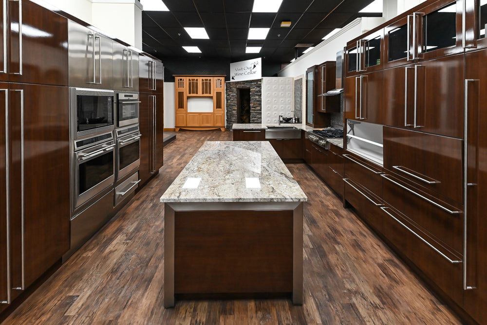Downsview Glossy Brown Modern Kitchen with Island, Quartz Countertops and Wolf Appliances