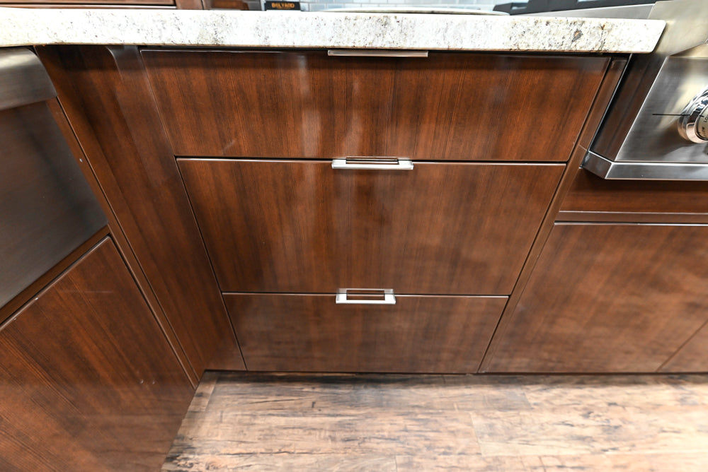 Downsview Glossy Brown Modern Kitchen with Island, Quartz Countertops and Wolf Appliances