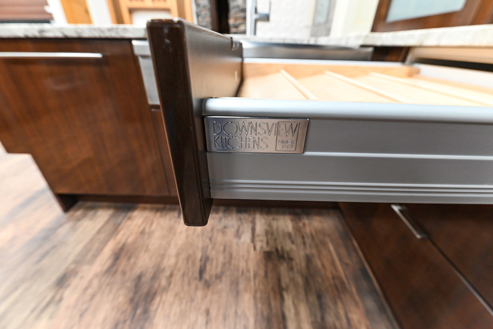 Downsview Glossy Brown Modern Kitchen with Island, Quartz Countertops and Wolf Appliances