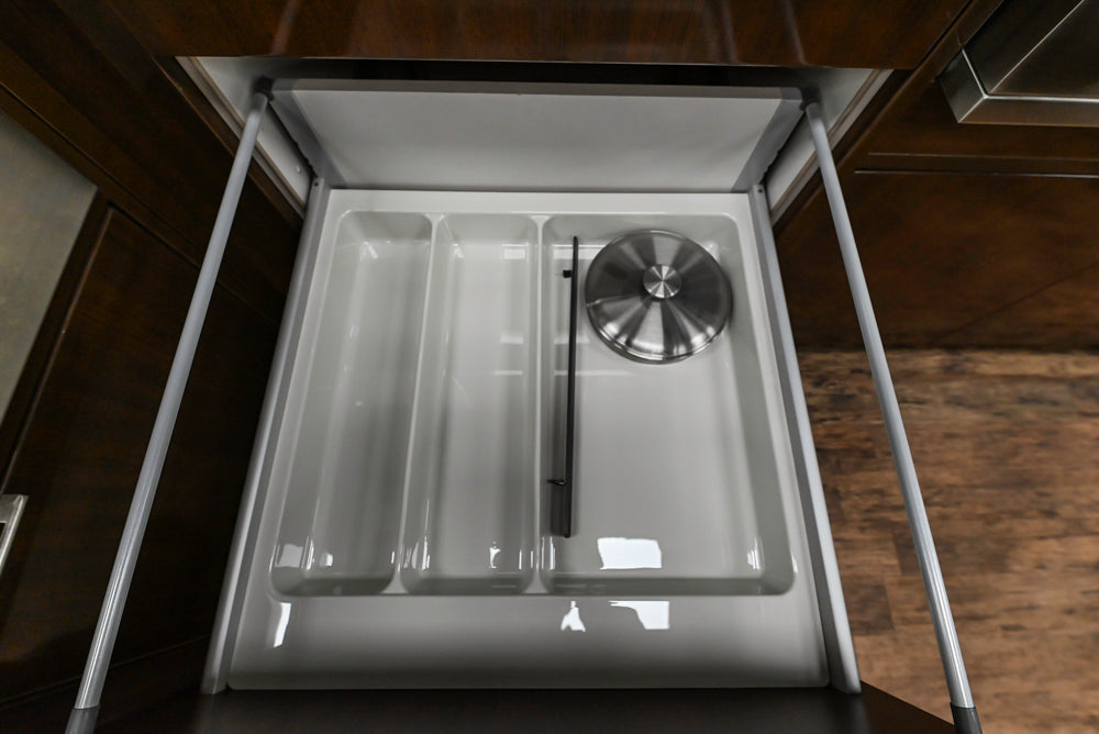 Downsview Glossy Brown Modern Kitchen with Island, Quartz Countertops and Wolf Appliances