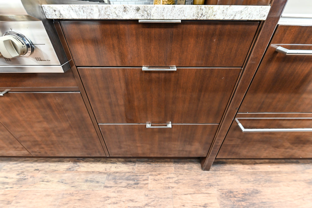 Downsview Glossy Brown Modern Kitchen with Island, Quartz Countertops and Wolf Appliances