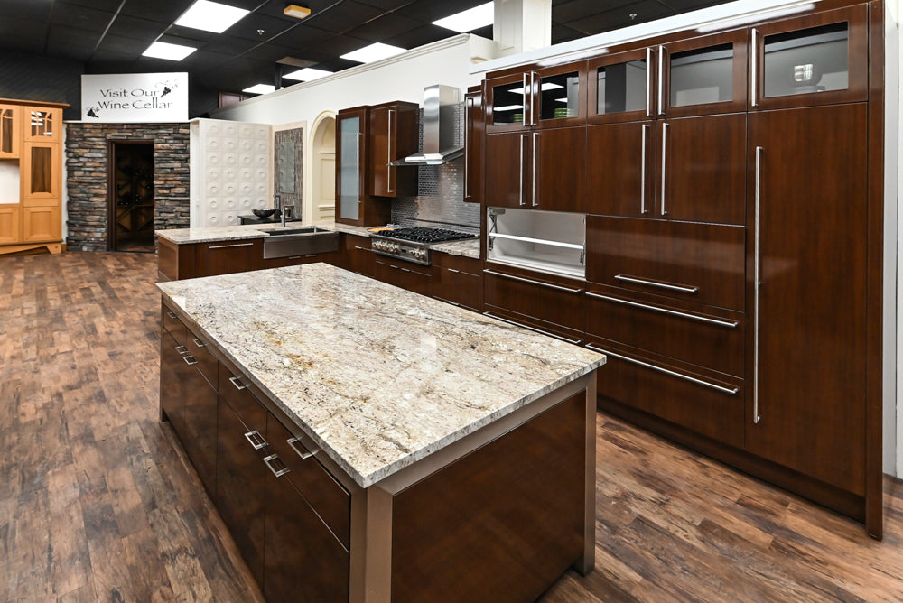 Downsview Glossy Brown Modern Kitchen with Island, Quartz Countertops and Wolf Appliances