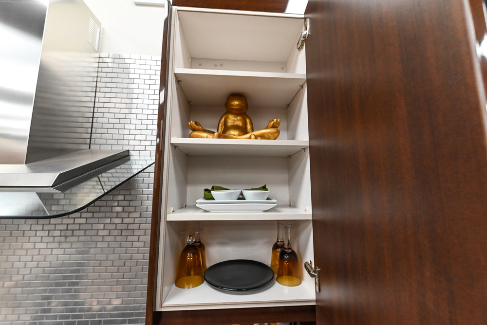 Downsview Glossy Brown Modern Kitchen with Island, Quartz Countertops and Wolf Appliances