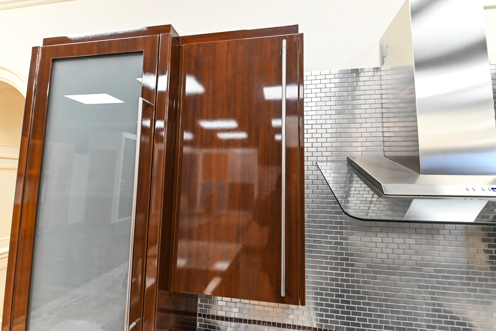 Downsview Glossy Brown Modern Kitchen with Island, Quartz Countertops and Wolf Appliances