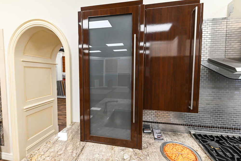 Downsview Glossy Brown Modern Kitchen with Island, Quartz Countertops and Wolf Appliances