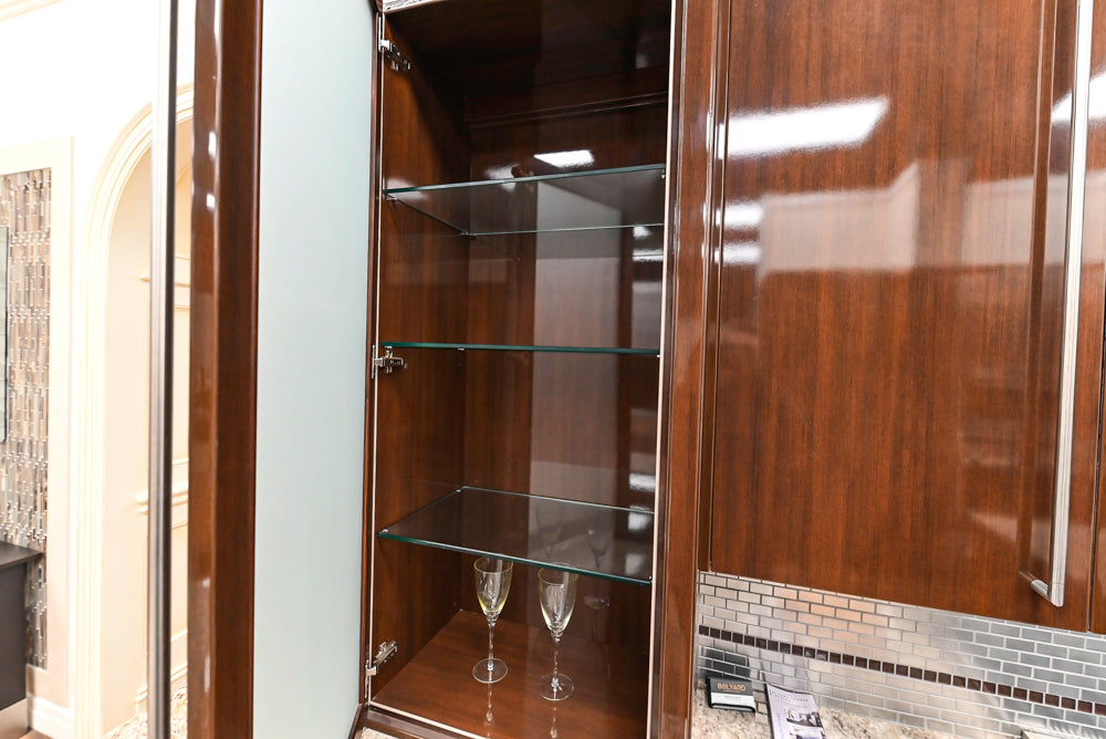 Downsview Glossy Brown Modern Kitchen with Island, Quartz Countertops and Wolf Appliances