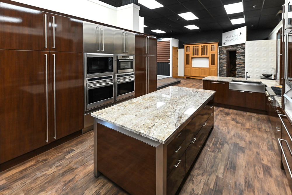 Downsview Glossy Brown Modern Kitchen with Island, Quartz Countertops and Wolf Appliances